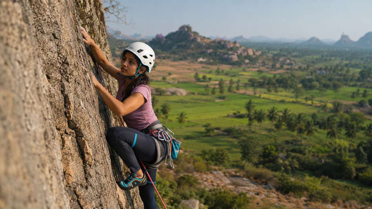 A climber scaling a granite rock face with a green valley and hills in the background